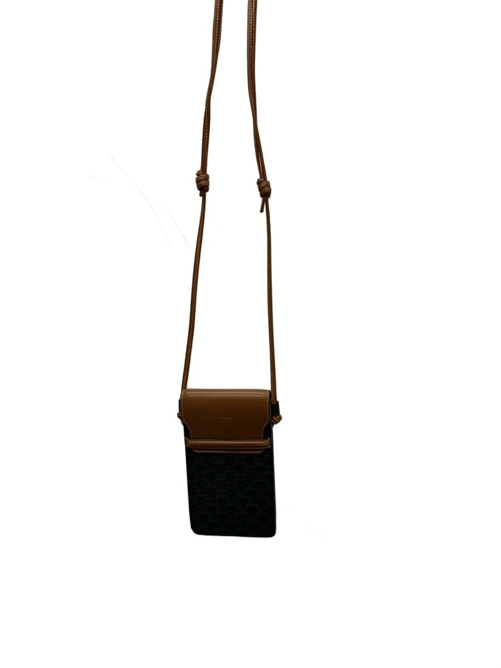 Celine Phone Flap Triomphe Canvas Lambskin Crossbody Tan Brown
